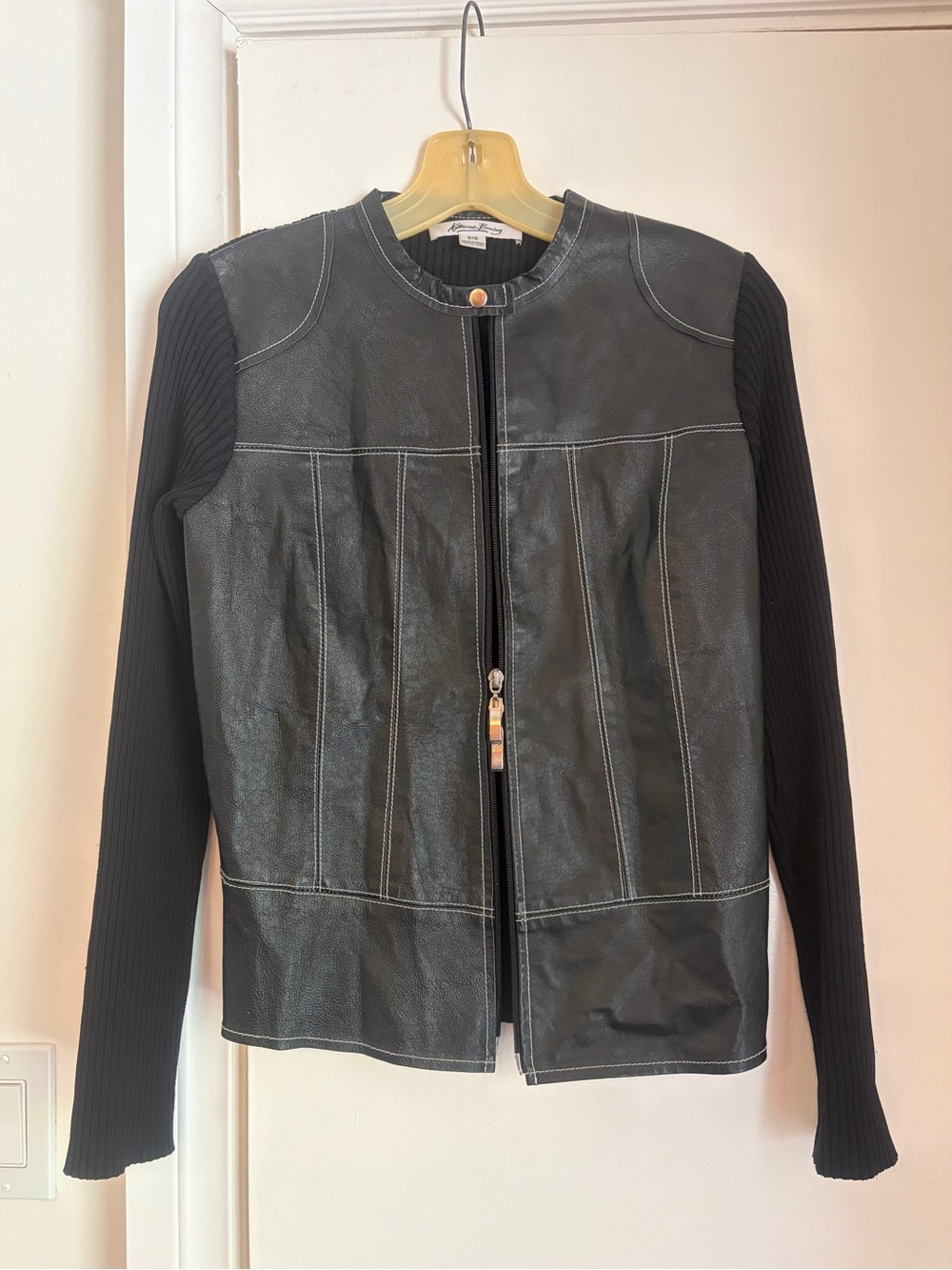 Vintage Black Leather Front Knit Sleeve Zip Jacket/top - Picture 4 of 16